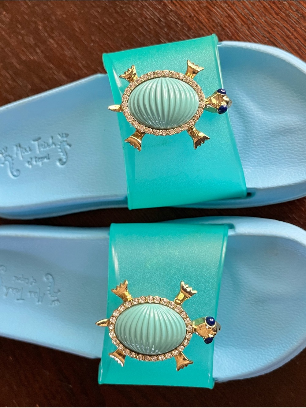 Women's Turquoise Slide Sandals with Gold Turtle Accent